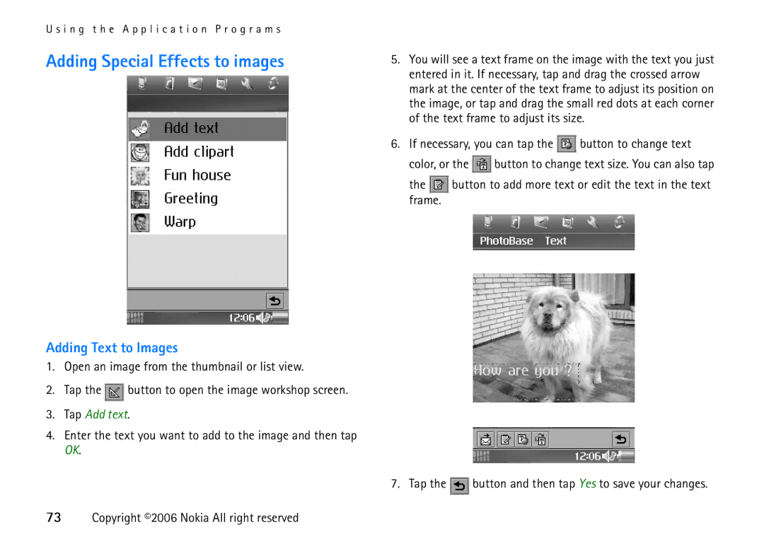 Nokia 6708 manual Adding Special Effects to images, Adding Text to Images, Tap Add text 