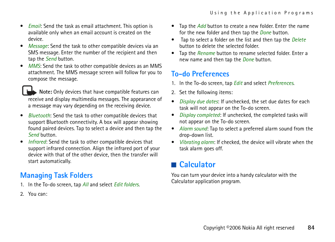 Nokia 6708 Calculator, Managing Task Folders, To-do Preferences, To-do screen, tap All and select Edit folders You can 