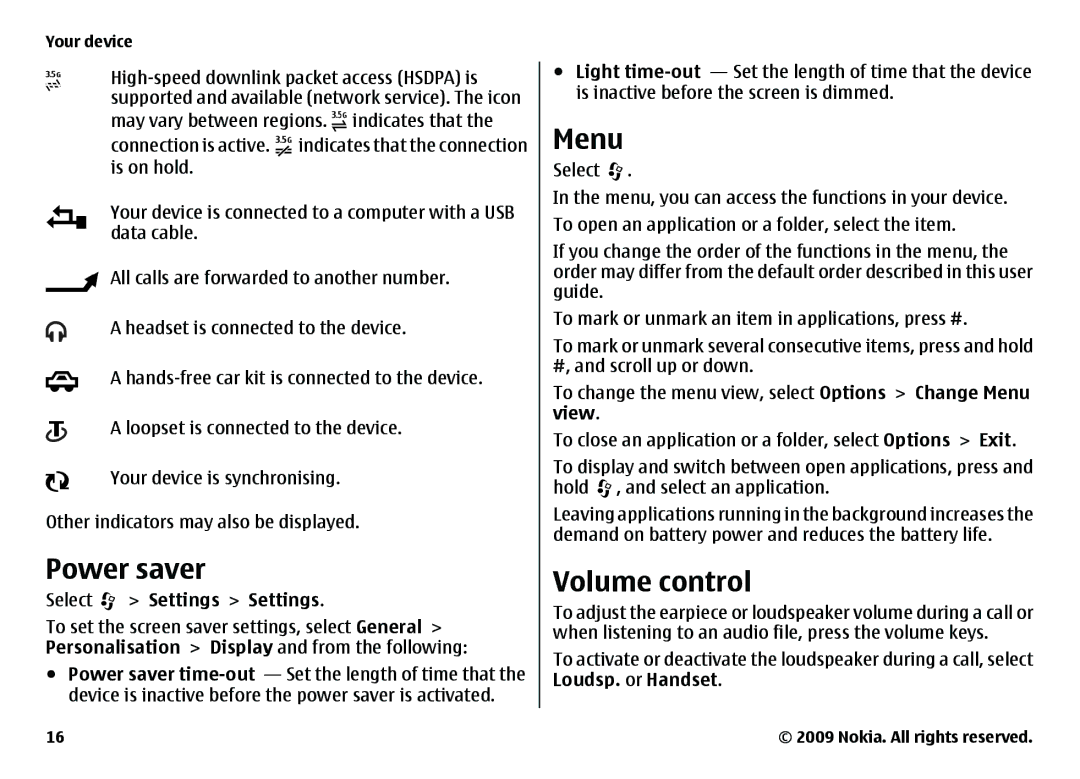 Nokia 6720 manual Power saver, Menu, Volume control 