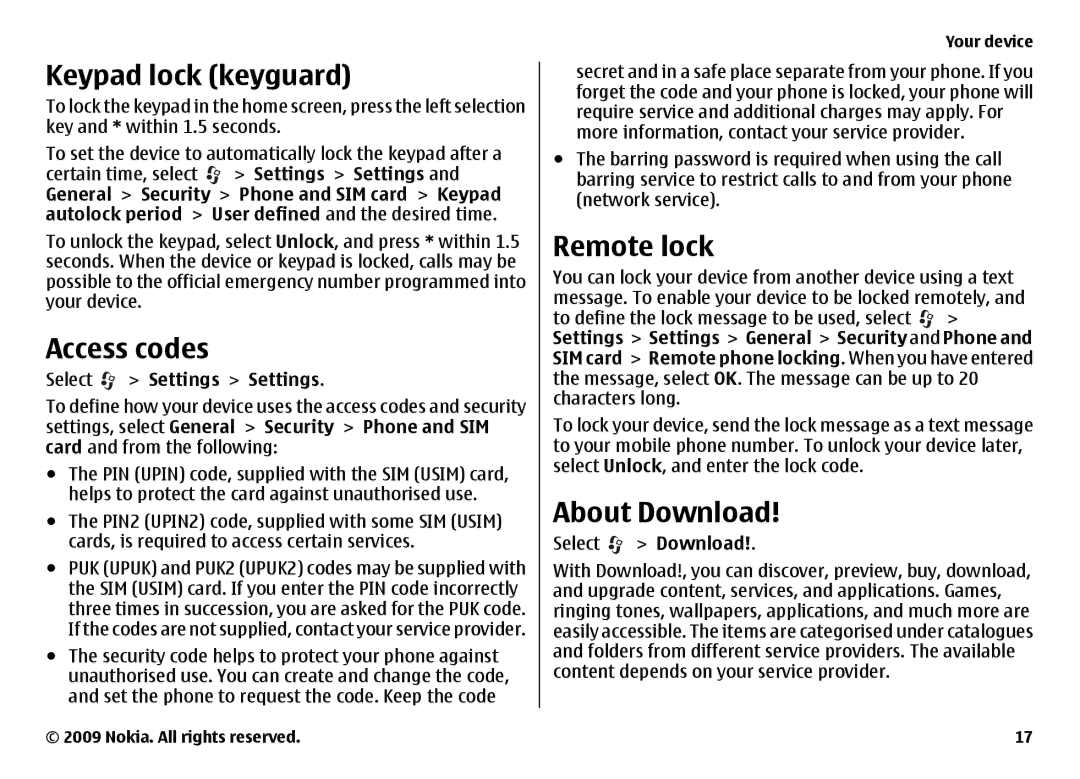 Nokia 6720 manual Keypad lock keyguard, Access codes, Remote lock, About Download, Select Settings Settings 