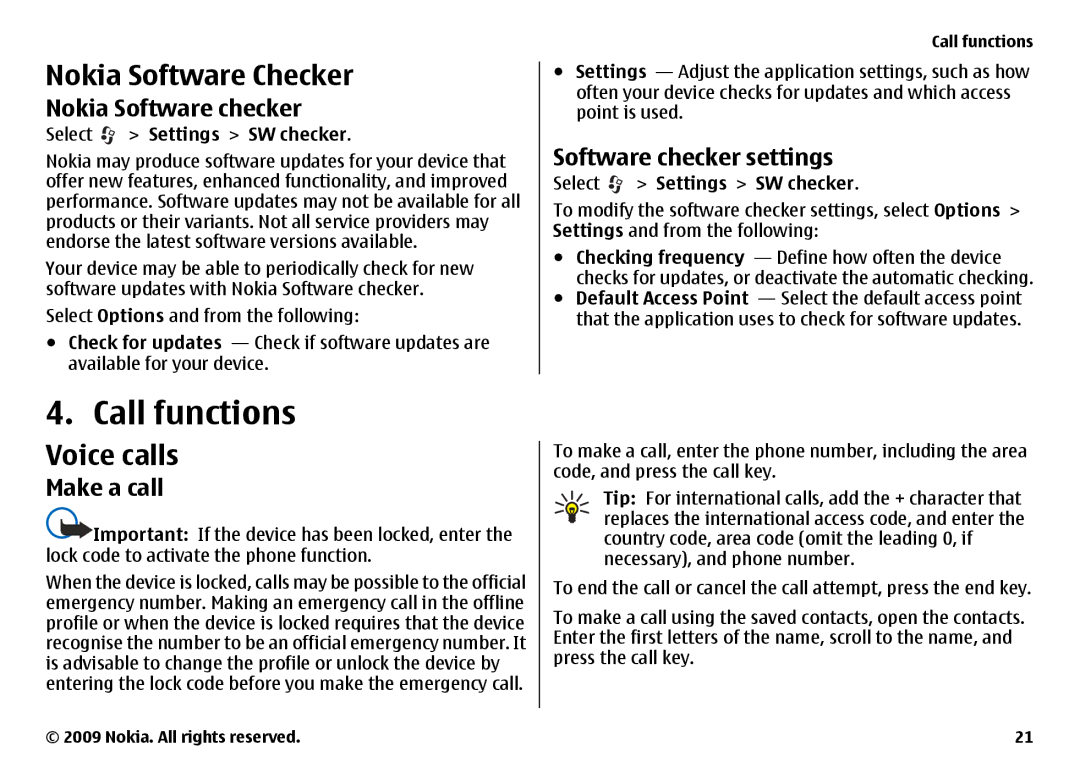 Nokia 6720 manual Call functions, Nokia Software Checker, Voice calls 