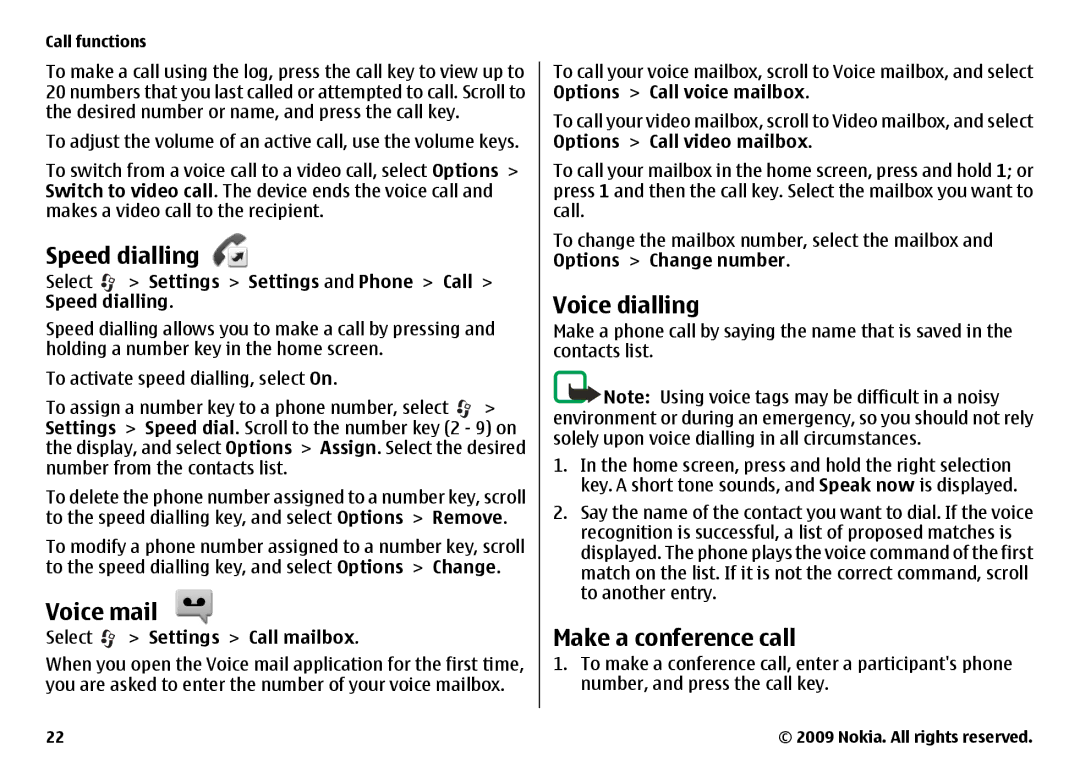 Nokia 6720 manual Speed dialling, Voice mail, Make a conference call 