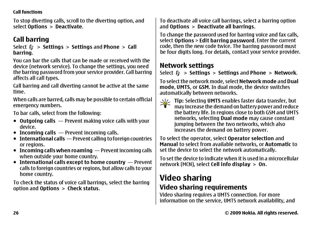 Nokia 6720 manual Call barring, Network settings, Deactivate, Barring 