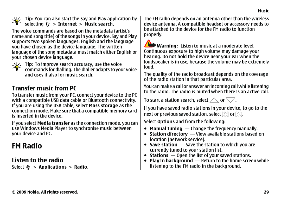 Nokia 6720 manual FM Radio, Transfer music from PC, Listen to the radio, Internet Music search, Applications Radio 