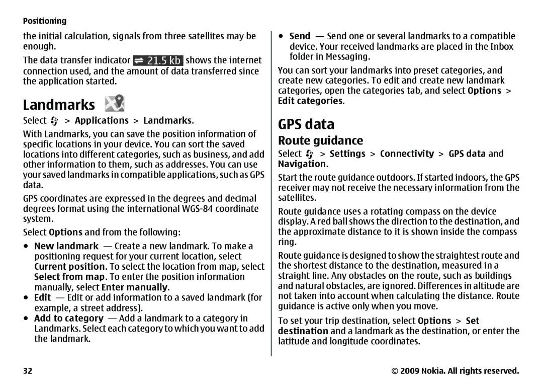 Nokia 6720 manual GPS data, Route guidance, Select Applications Landmarks 