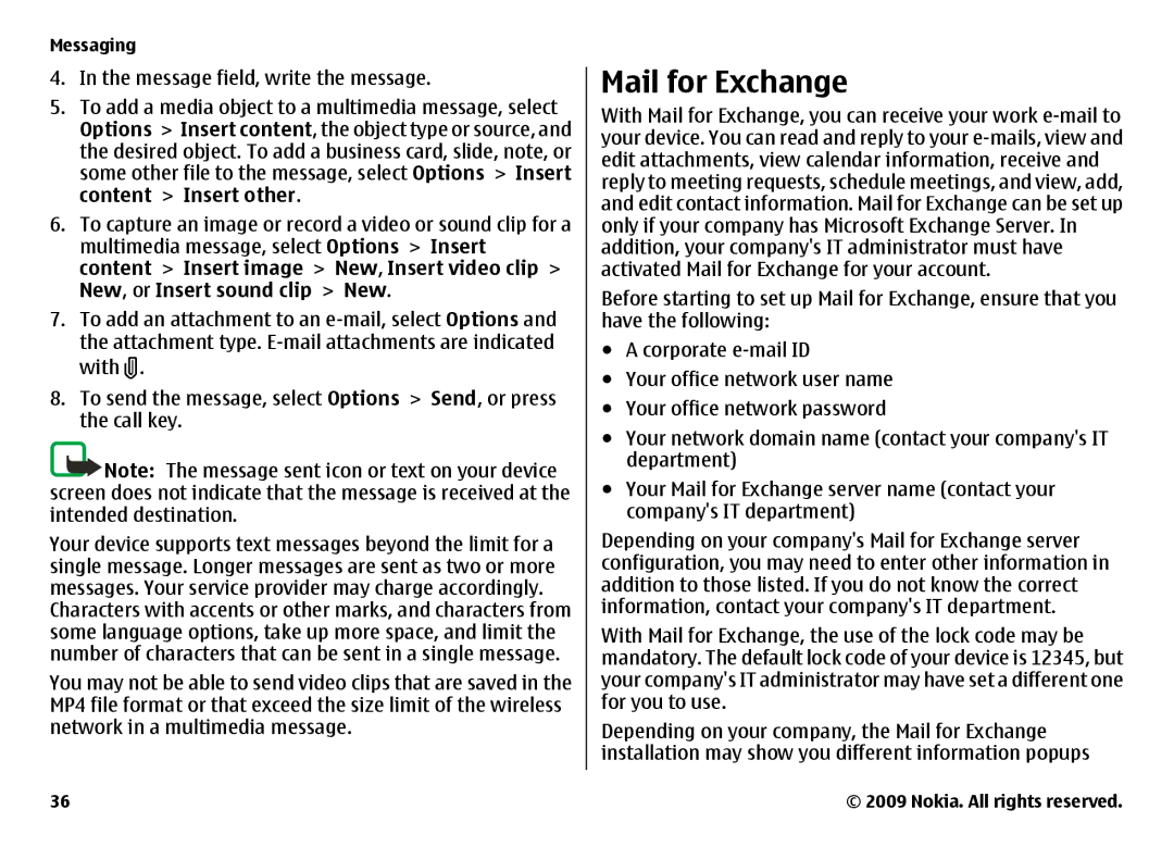 Nokia 6720 manual Mail for Exchange 