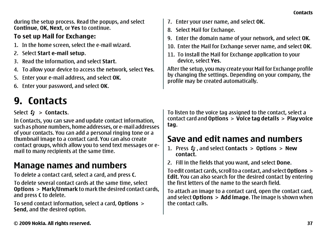 Nokia 6720 manual Contacts, Manage names and numbers, Save and edit names and numbers, To set up Mail for Exchange 