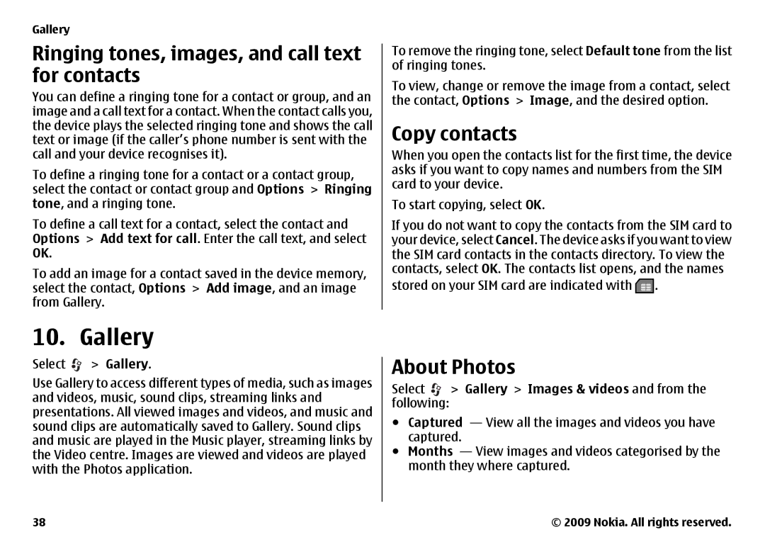 Nokia 6720 manual Gallery, Ringing tones, images, and call text for contacts, Copy contacts, About Photos 