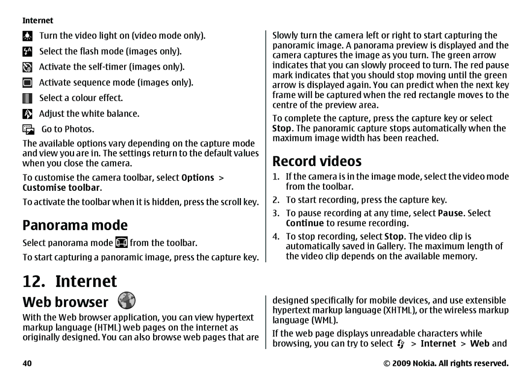 Nokia 6720 manual Internet, Panorama mode, Web browser, Record videos 