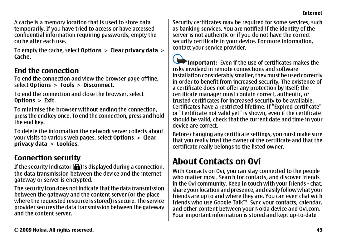 Nokia 6720 manual About Contacts on Ovi, End the connection, Connection security 