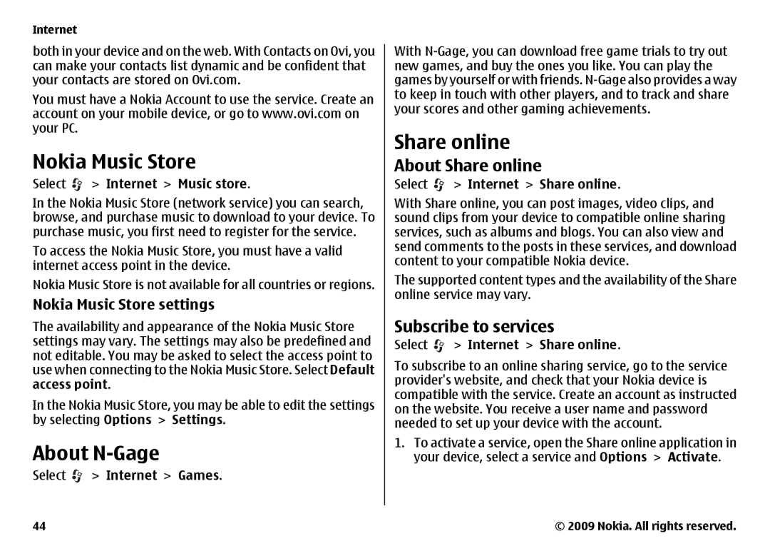 Nokia 6720 manual Nokia Music Store, About N-Gage, About Share online, Subscribe to services 