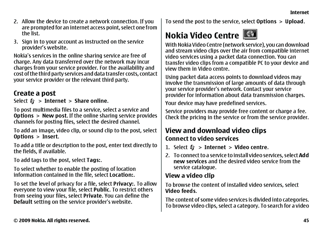 Nokia 6720 Nokia Video Centre, Create a post, View and download video clips, Connect to video services, View a video clip 