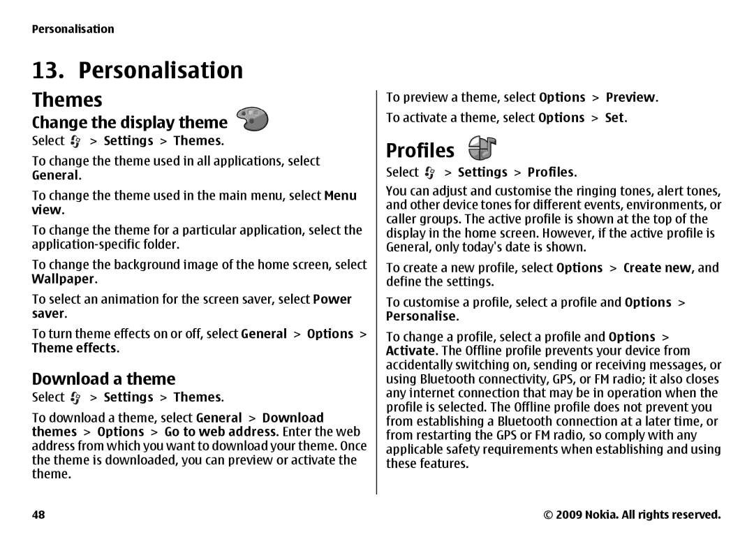 Nokia 6720 manual Personalisation, Themes, Profiles, Change the display theme, Download a theme 