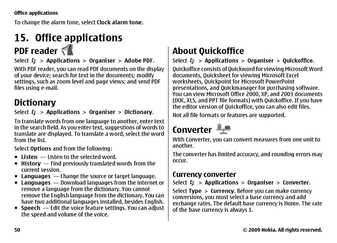 Nokia 6720 manual Office applications, Dictionary, About Quickoffice, Converter, Currency converter 