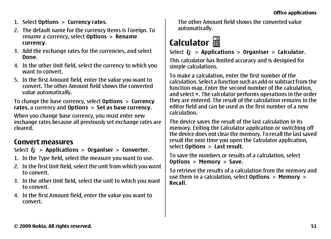 Nokia 6720 manual Calculator, Convert measures, Select Options Currency rates, Select Applications Organiser Converter 