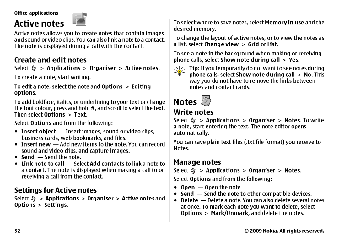 Nokia 6720 manual Create and edit notes, Settings for Active notes, Write notes, Manage notes 