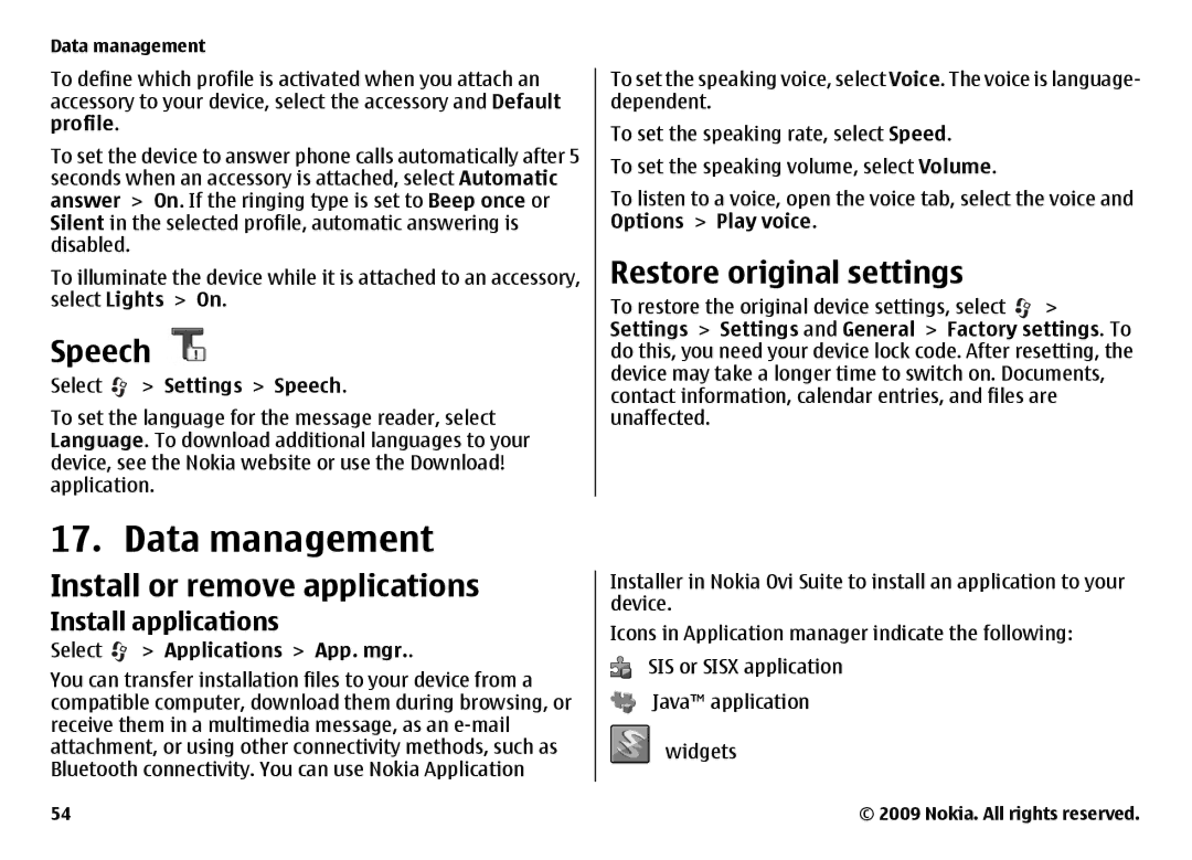 Nokia 6720 manual Data management, Speech, Restore original settings, Install or remove applications Install applications 