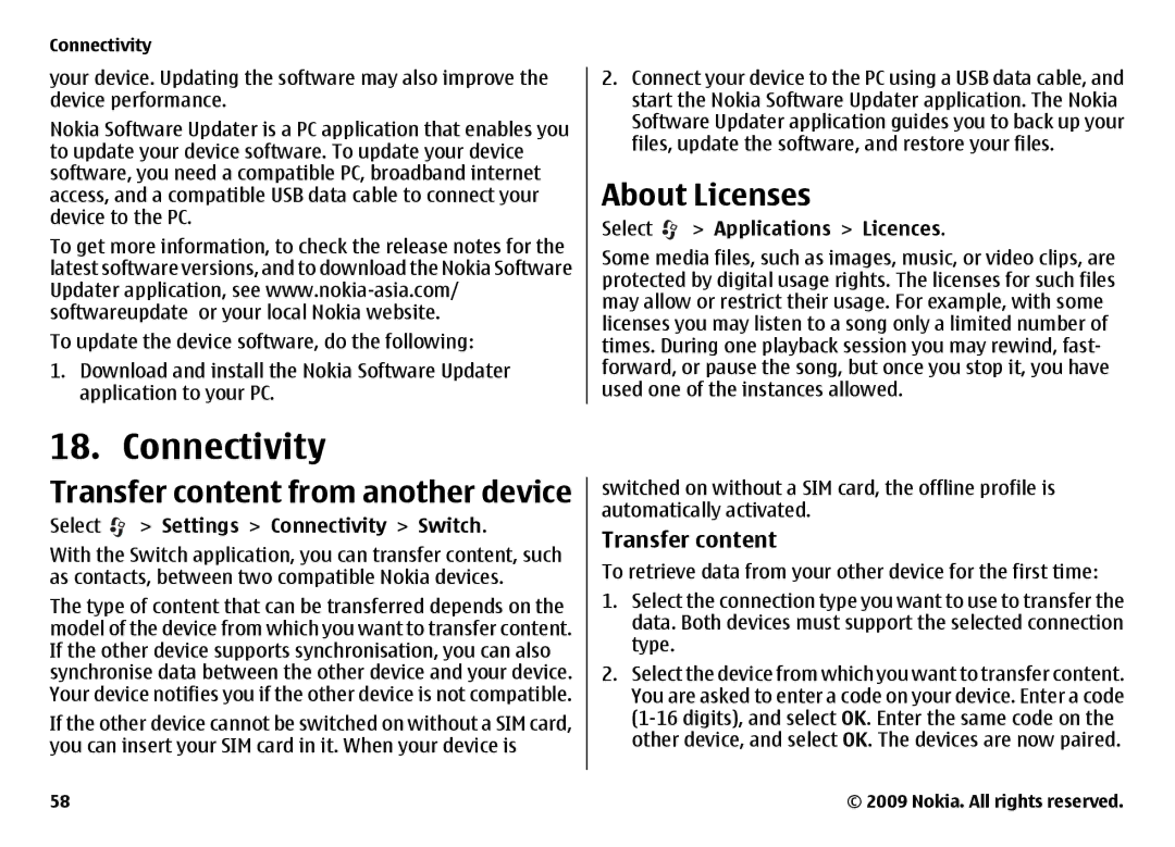 Nokia 6720 manual Connectivity, Transfer content from another device, About Licenses 