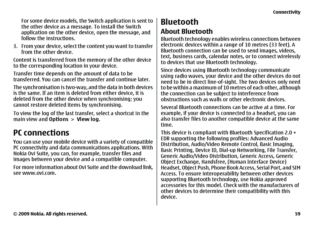 Nokia 6720 manual PC connections, About Bluetooth 