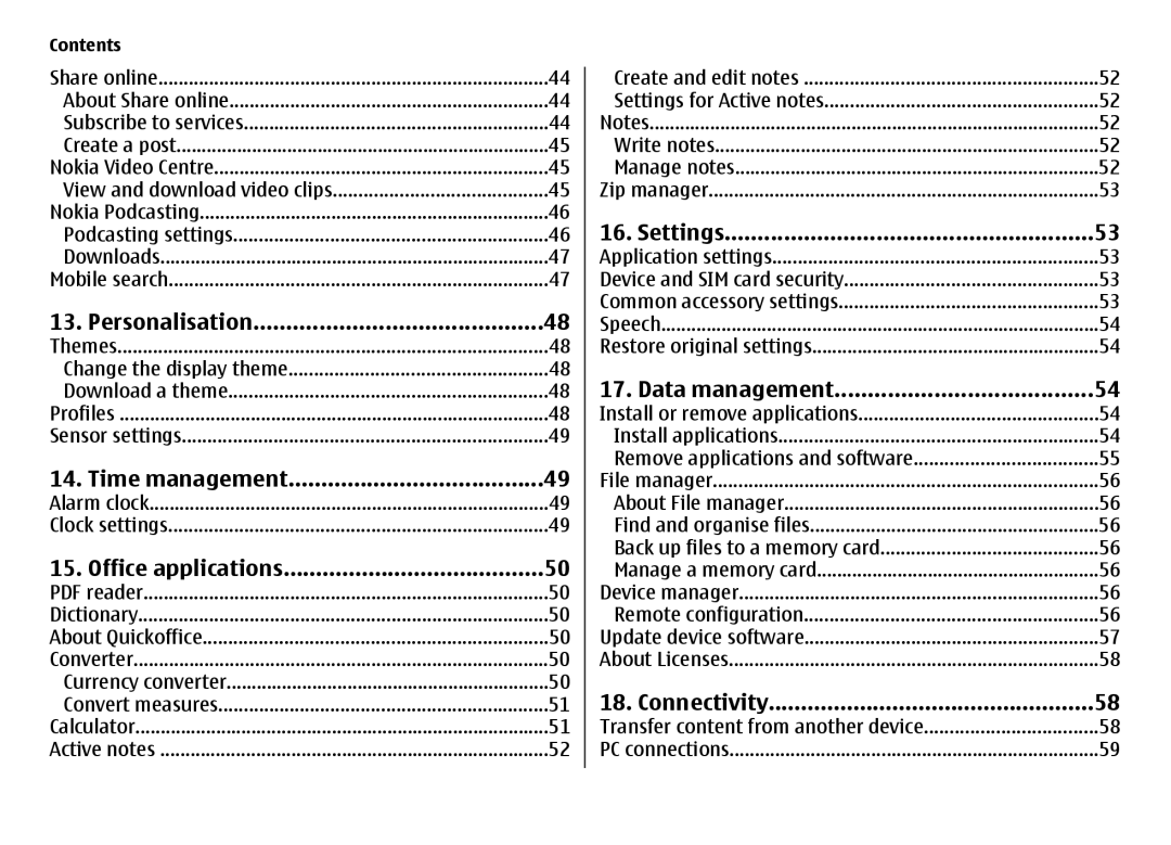 Nokia 6720 manual Personalisation, Time management, Office applications, Settings, Data management, Connectivity 