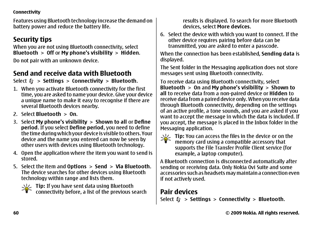 Nokia 6720 manual Security tips, Send and receive data with Bluetooth, Pair devices, Select Settings Connectivity Bluetooth 