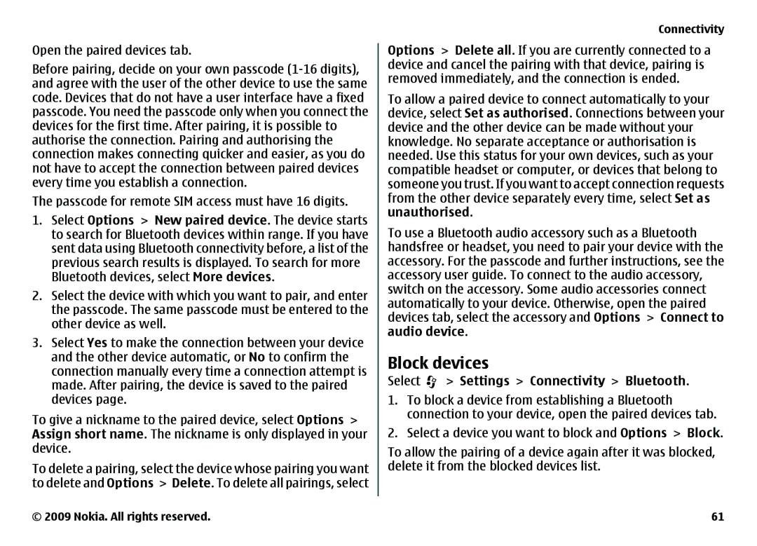 Nokia 6720 manual Block devices, Open the paired devices tab, Passcode for remote SIM access must have 16 digits 