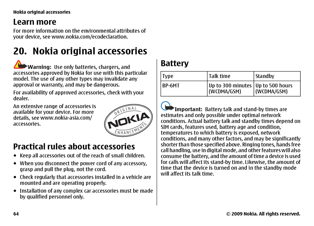 Nokia 6720 manual Nokia original accessories, Battery, Practical rules about accessories, Talk time 