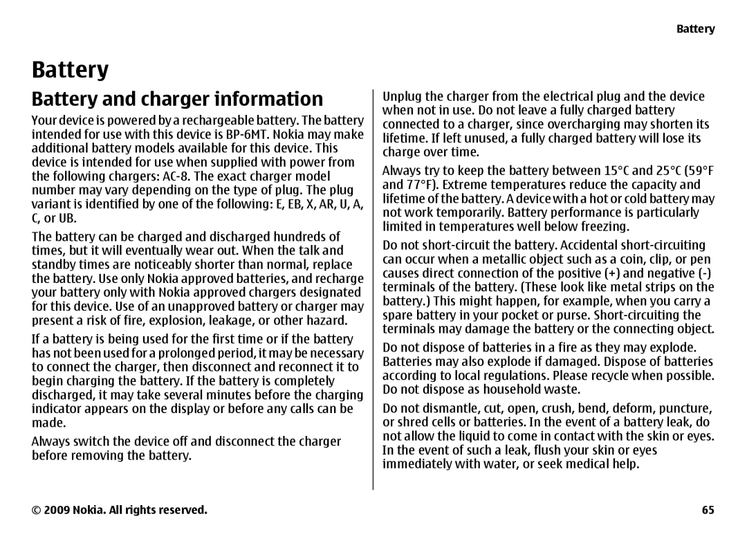 Nokia 6720 manual Battery 