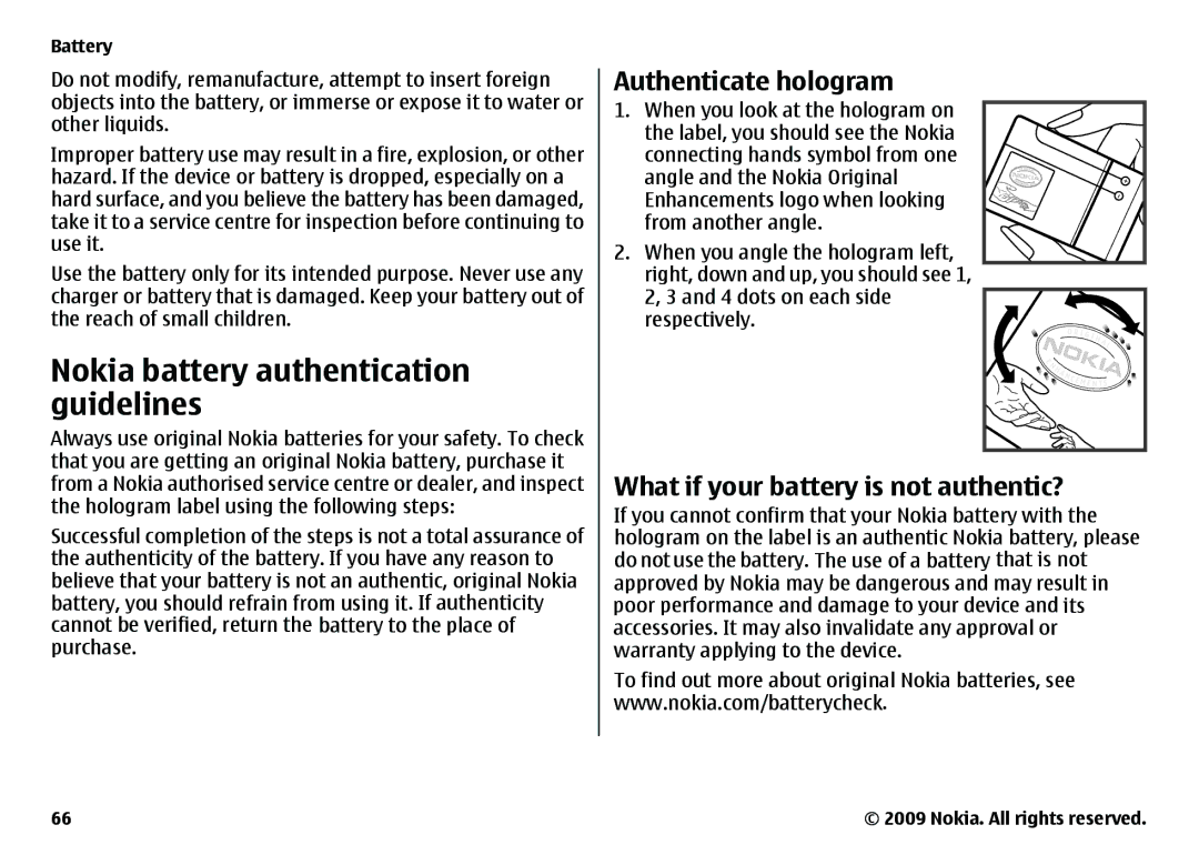 Nokia 6720 manual Nokia battery authentication Guidelines, Authenticate hologram, What if your battery is not authentic? 