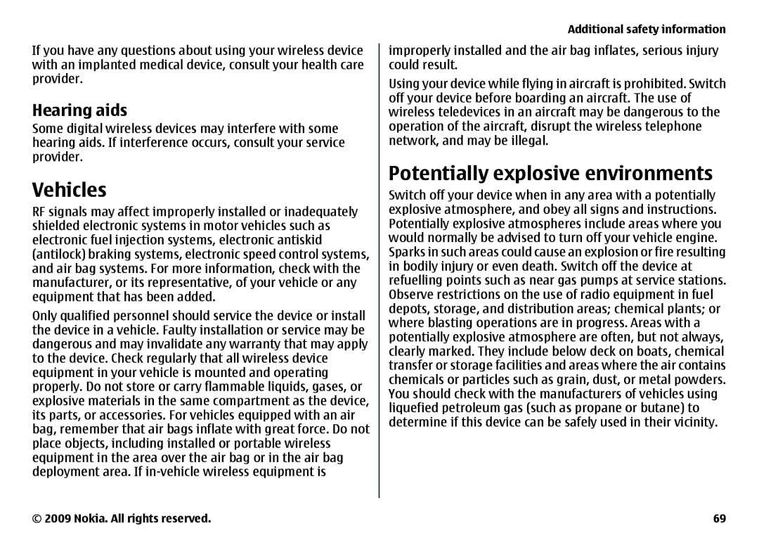 Nokia 6720 manual Vehicles, Potentially explosive environments, Hearing aids 