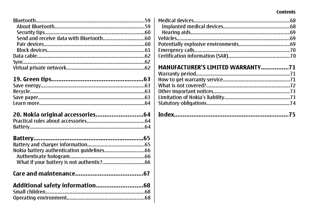 Nokia 6720 Green tips, Nokia original accessories, Battery, Care and maintenance Additional safety information, Index 