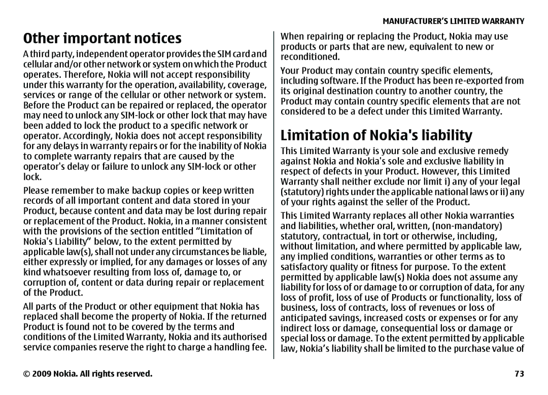 Nokia 6720 manual Other important notices, Limitation of Nokias liability 