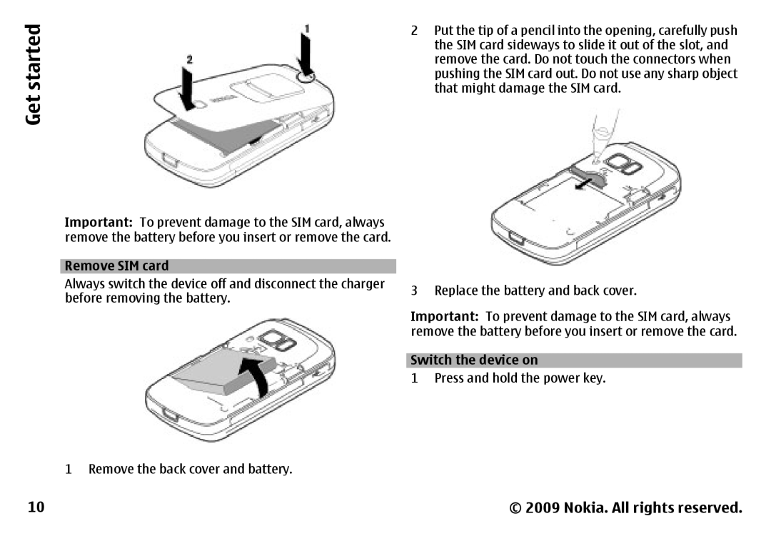 Nokia 6788 Replace the battery and back cover, Important To prevent damage to the SIM card, always, Switch the device on 