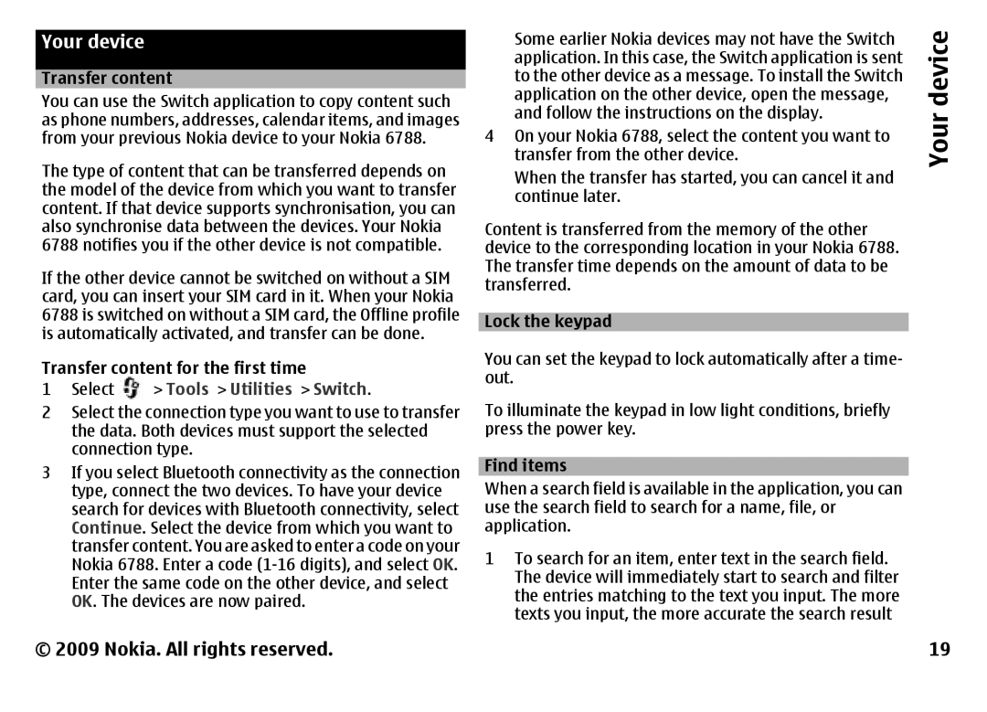 Nokia 6788 manual Your device, Select Tools Utilities Switch 