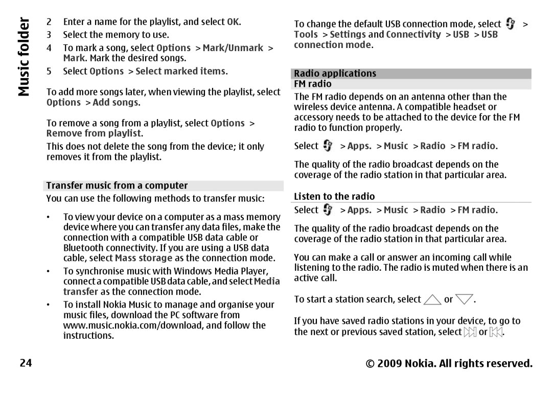 Nokia 6788 manual Music folder, Select Options Select marked items, Tools, Connection mode, Apps. Music Radio FM radio 