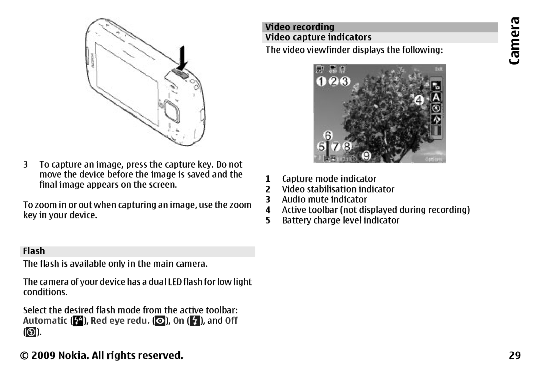 Nokia 6788 manual Key in your device, Flash is available only in the main camera, Automatic Red eye redu, Off 