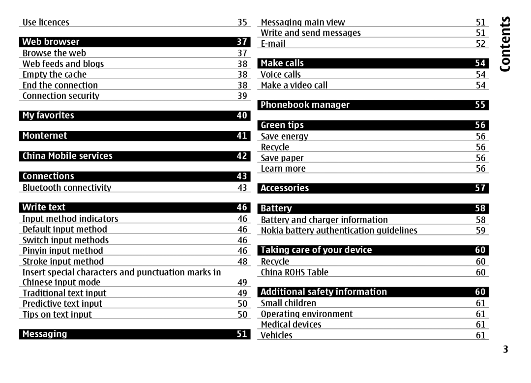 Nokia 6788 Use licences Messaging main view Write and send messages, Mail, Browse the web, Save energy, Recycle, Vehicles 