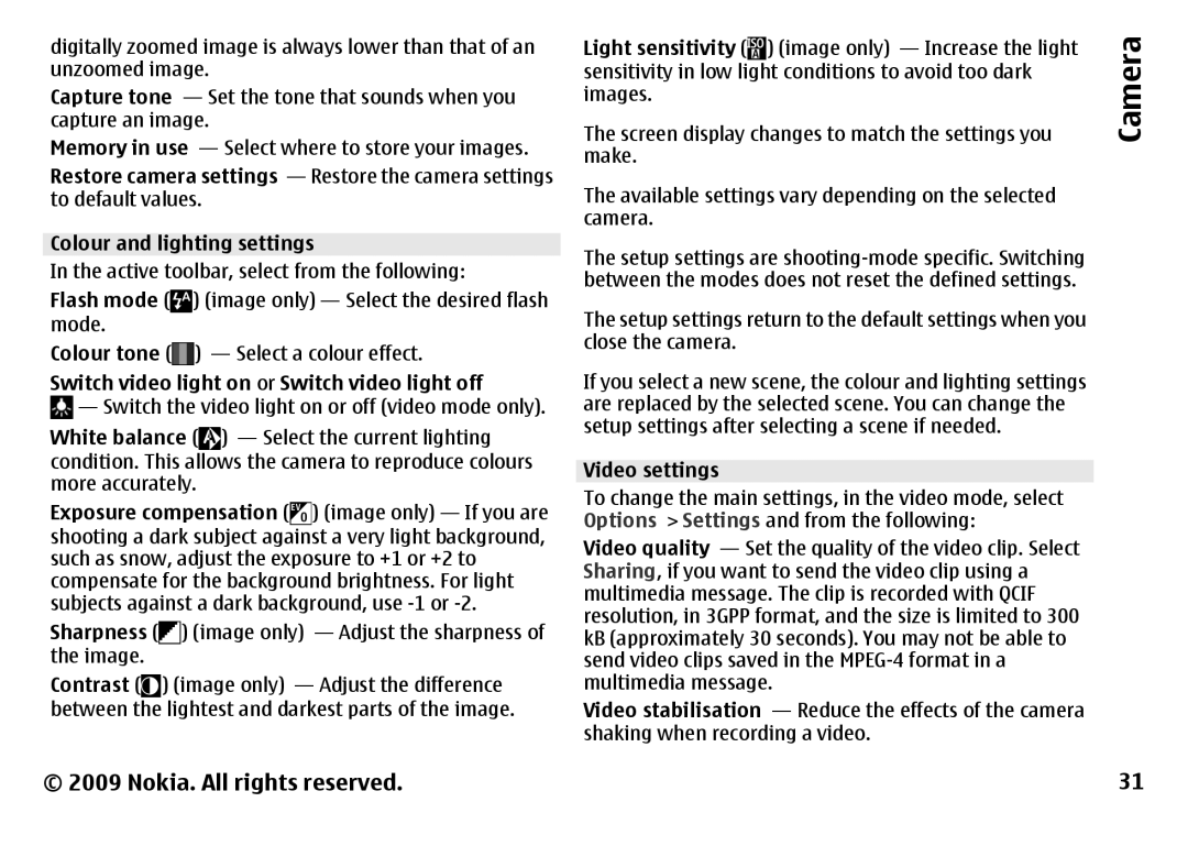 Nokia 6788 Colour and lighting settings, Switch video light on or Switch video light off, White balance, Light sensitivity 