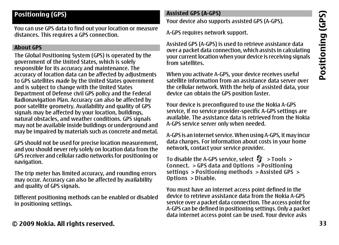 Nokia 6788 manual Positioning GPS, Assisted GPS, Options Disable 