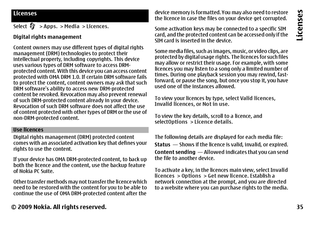 Nokia 6788 manual Licenses, Apps. Media Licences, Invalid licences, or Not in use, SelectOptions Licence details 