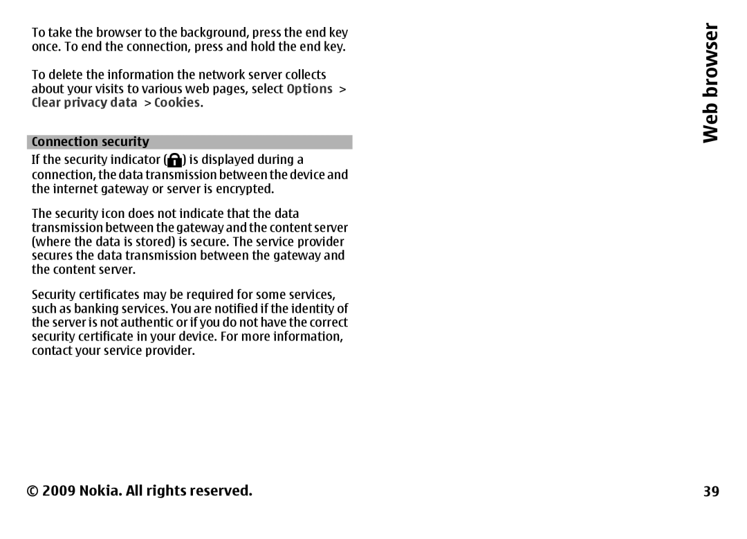 Nokia 6788 manual Clear privacy data Cookies, Connection security 