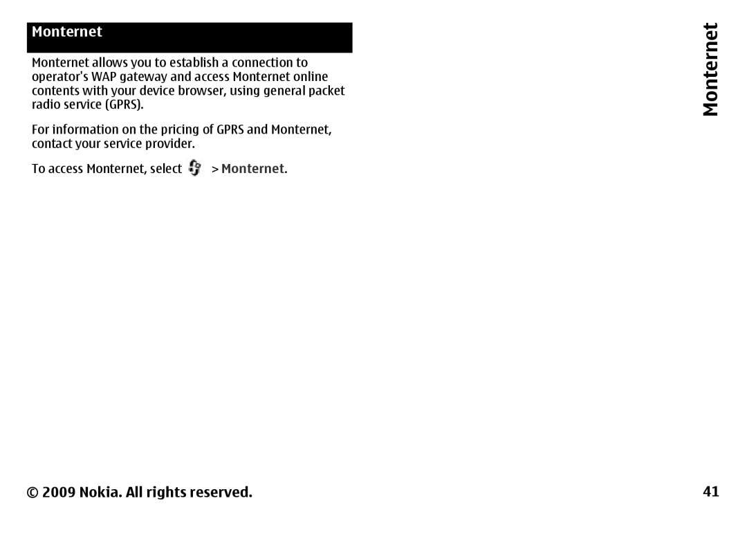 Nokia 6788 manual Monternet allows you to establish a connection to, Operators WAP gateway and access Monternet online 