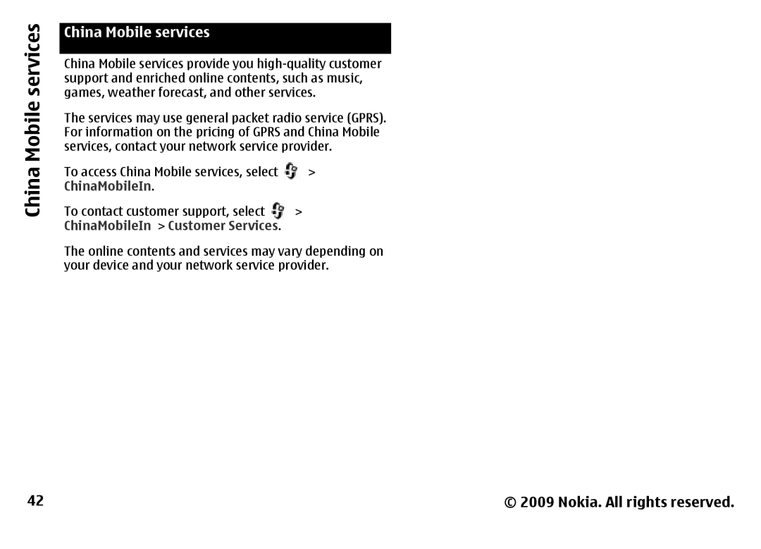 Nokia 6788 manual China Mobile services, ChinaMobileIn 