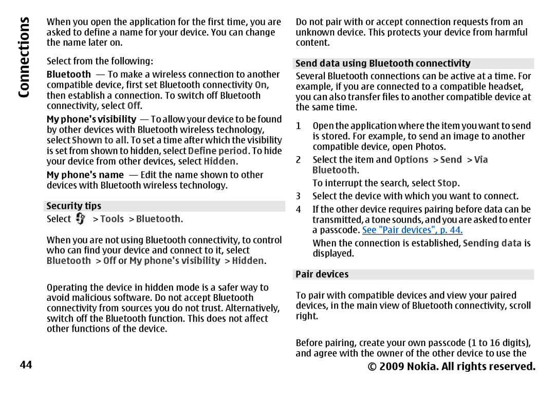 Nokia 6788 manual Security tips, Tools Bluetooth, Off or My phones visibility Hidden, Pair devices 