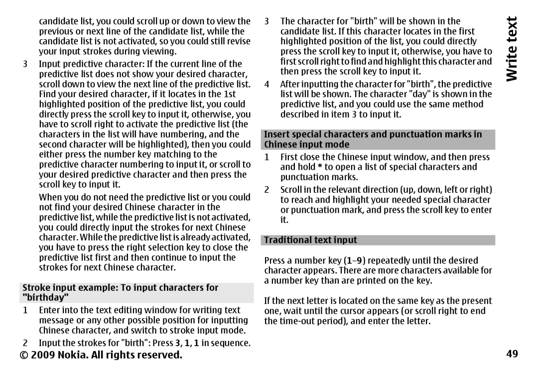 Nokia 6788 manual Stroke input example To input characters for birthday, Chinese input mode, Traditional text input 