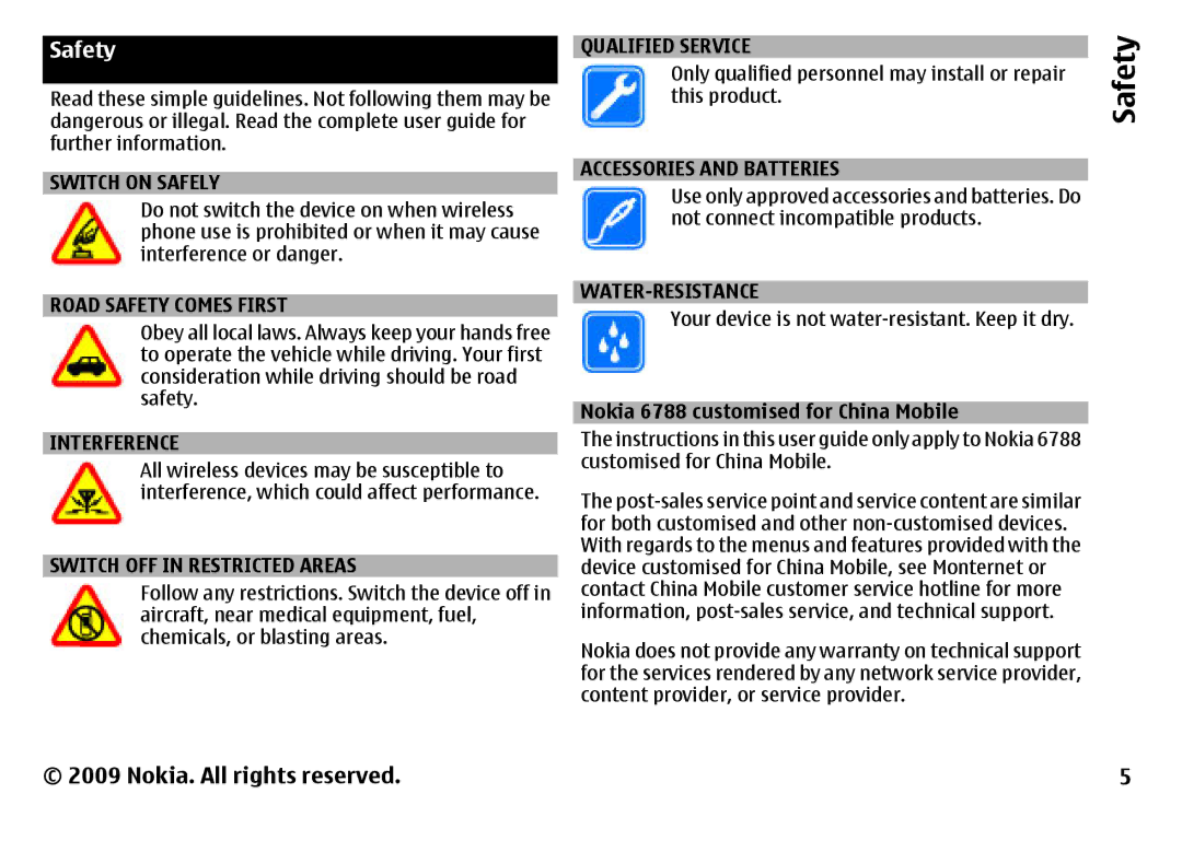 Nokia manual Safety, Nokia 6788 customised for China Mobile 