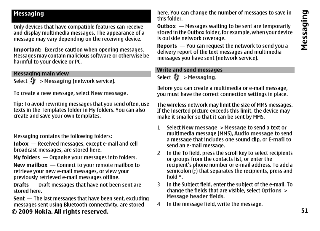 Nokia 6788 manual Messaging, Message header fields 