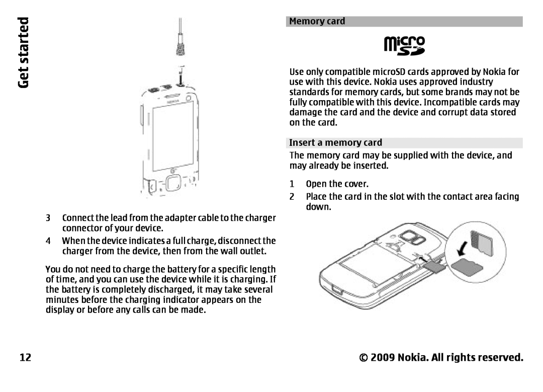 Nokia 6788 manual Memory card, Get started, Nokia. All rights reserved 