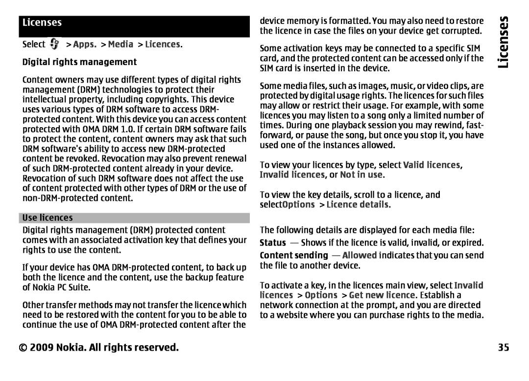 Nokia 6788 manual Licenses, Apps. Media Licences, Digital rights management, Use licences, Invalid licences, or Not in use 