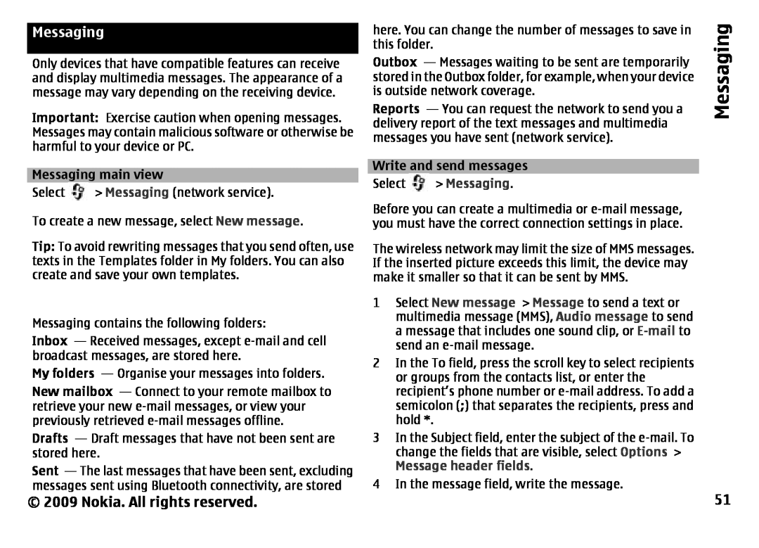 Nokia 6788 manual Messaging main view, Inbox, Drafts, Outbox, Write and send messages, Message header fields 